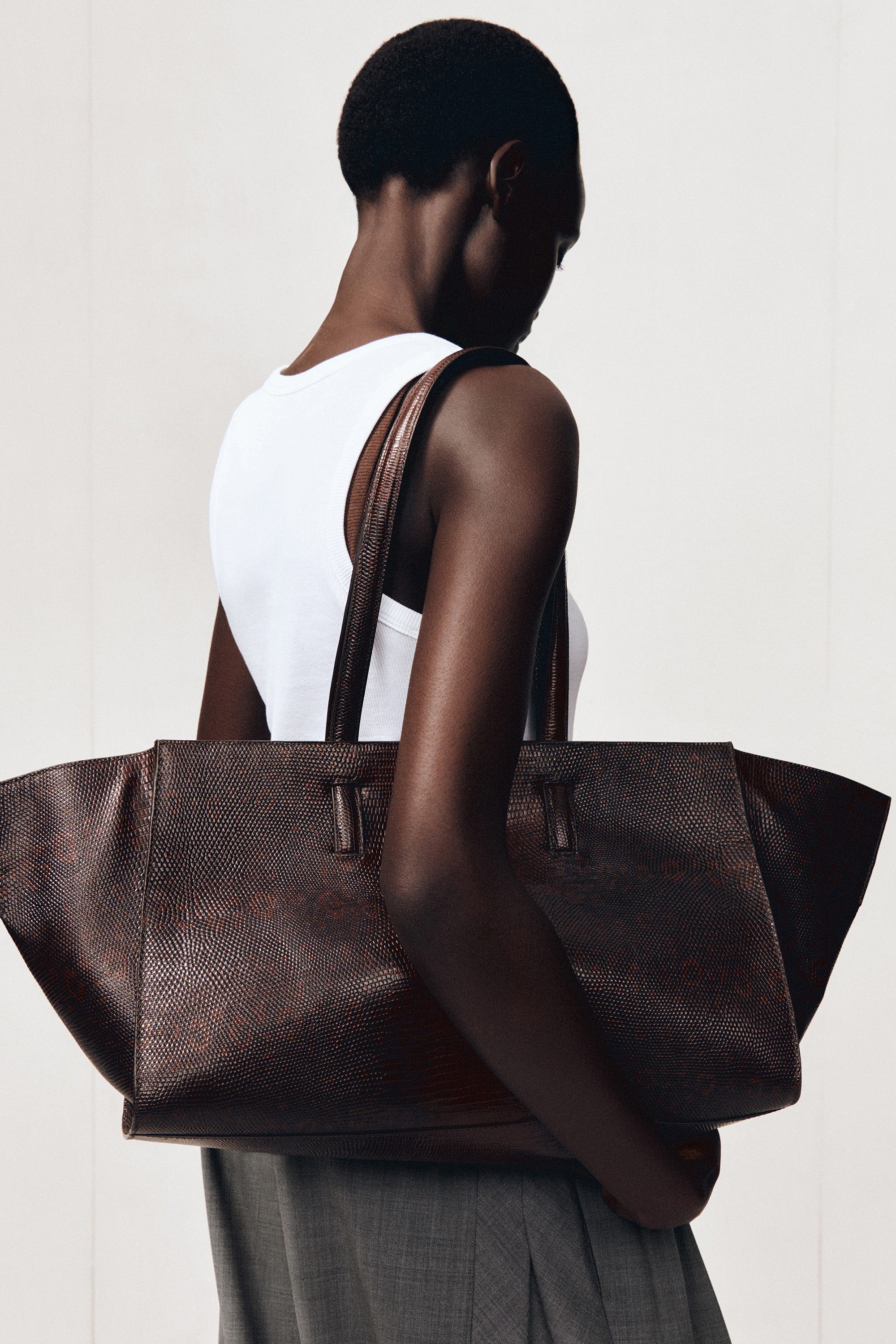 COS Monument Tote Bag - Leather, Alternate, color, Croc-Effect / Brown