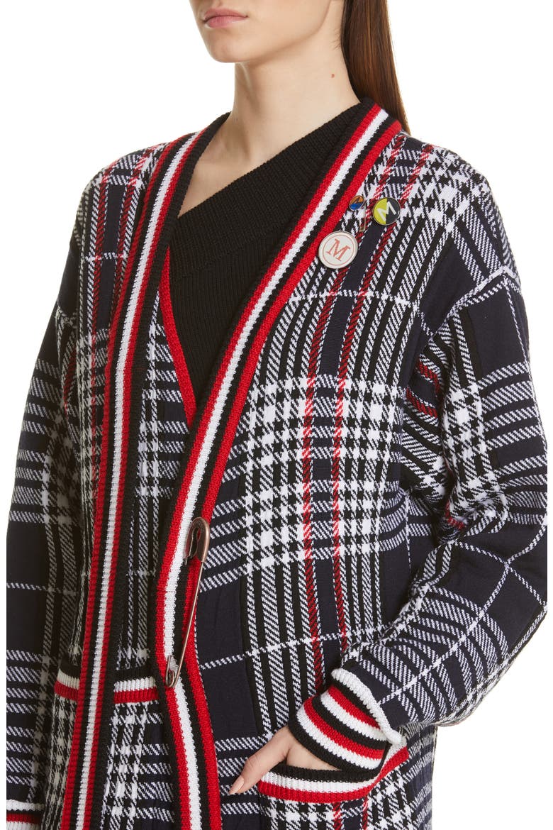 Tie Neck Longline Plaid Wool Cardigan, Alternate, color, BLACK PLAID