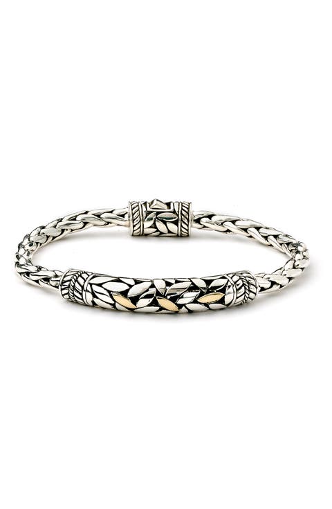 18K Yellow Gold & Sterling Silver Leaf Filigree Bar Woven Bracelet