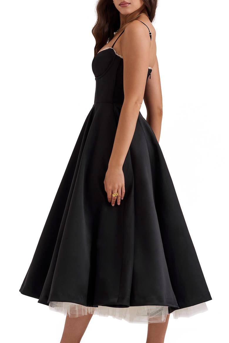 Mademoiselle Bustier Stretch Satin Midi Dress, Alternate, color, BLACK