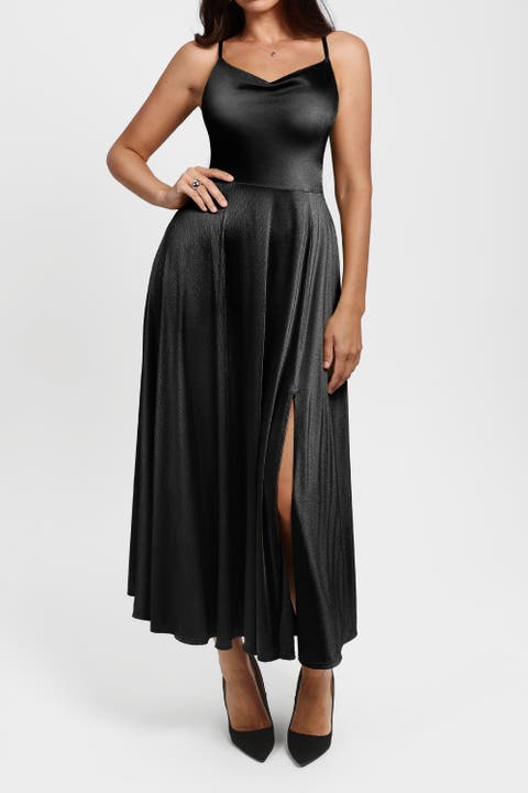 Built In Shapewear Glitter Spaghetti Strap Slit Maxi Dress
