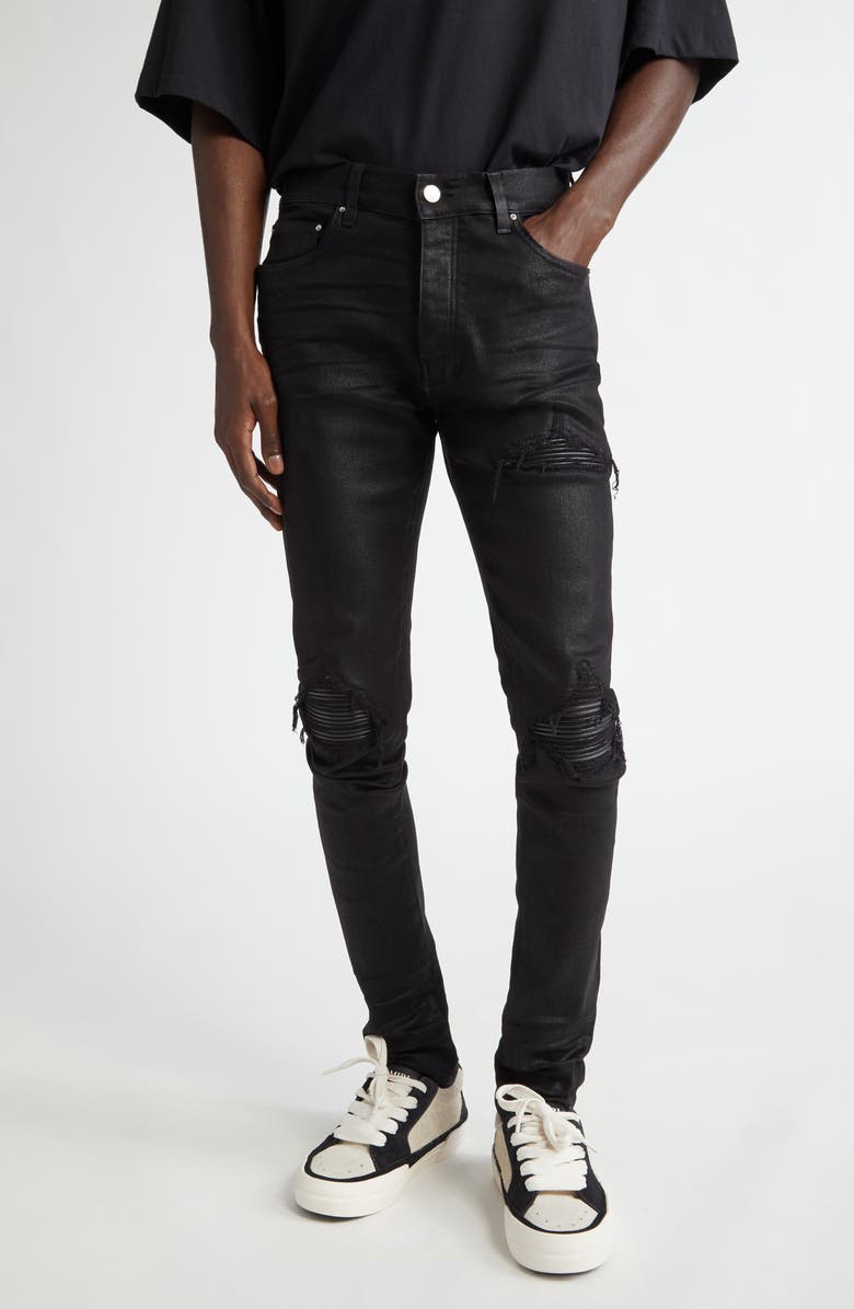 AMIRI WAX MX1 Leather Patched Distressed Jeans, Main, color, Black