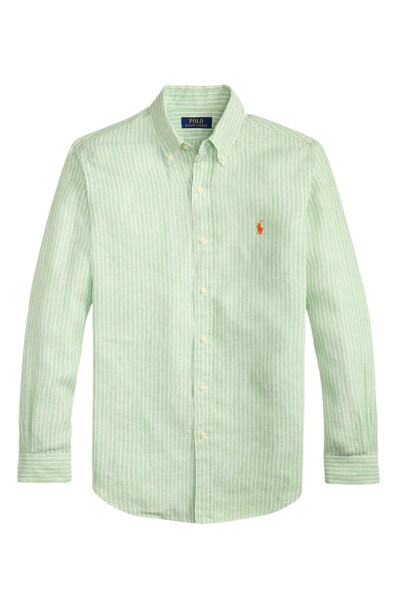 Polo Ralph Lauren Classic Fit Stripe Linen Button-Down Shirt, Alternate, color, Essex Green White