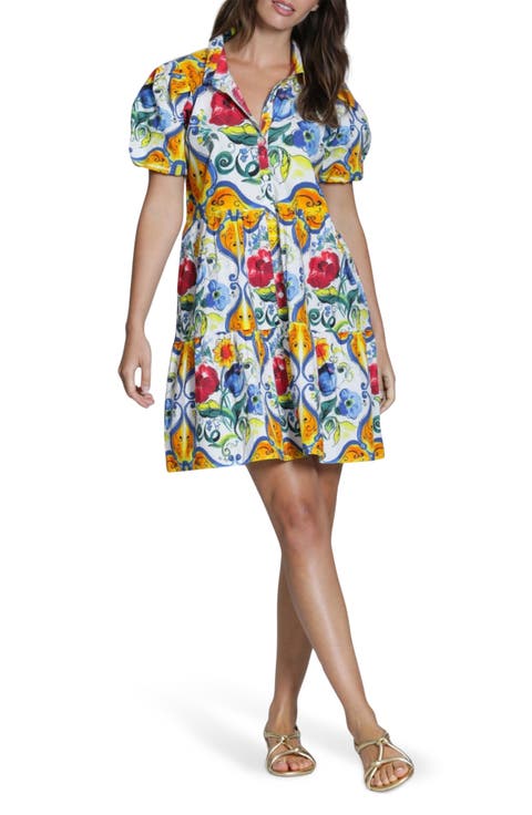 Floral Ruffle Hem Cotton Mini Shirtdress