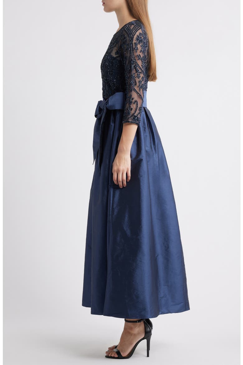 Beaded Illusion Neck Taffeta Cocktail Dress, Alternate, color, DENIM