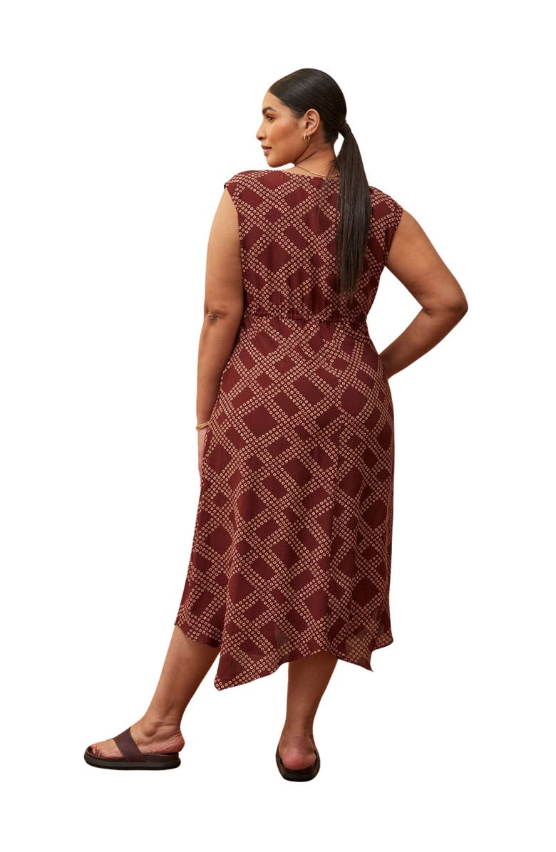 Live Unlimited Geo Print V-Neck Hanky Hem Dress, Alternate, color, Brown