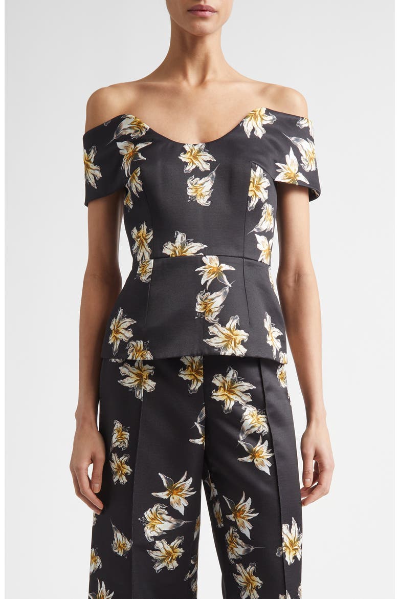 Souline Festive Lilies Peplum Top, Main, color, FESTIVE LILIES BLACK YELLOW