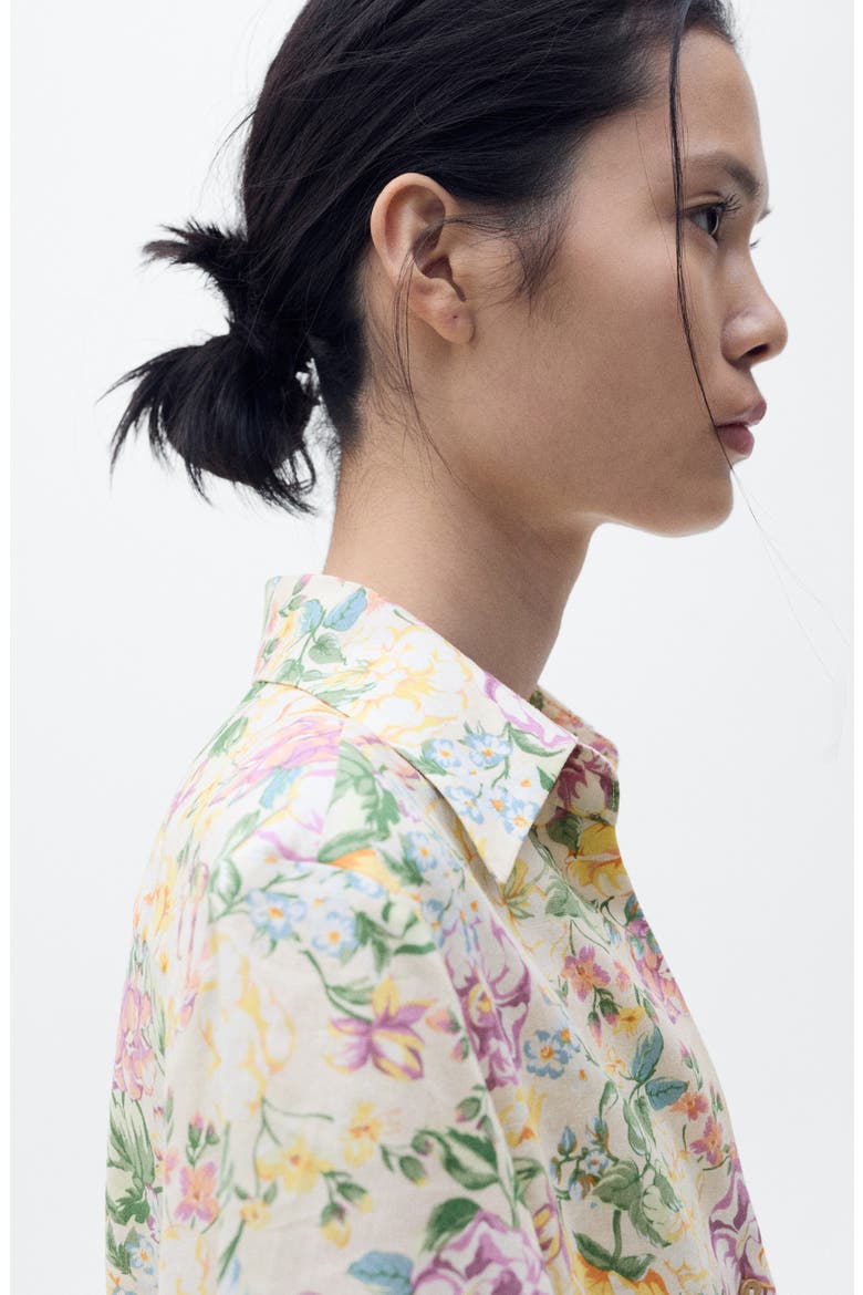 Floral Button-Up Linen Shirt, Alternate, color, ECRU