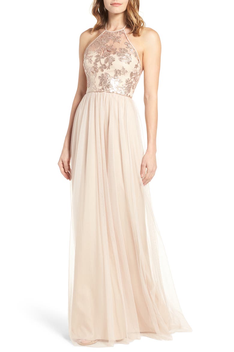 Sheridan Sequin Halter Dress, Alternate, color, FAWN