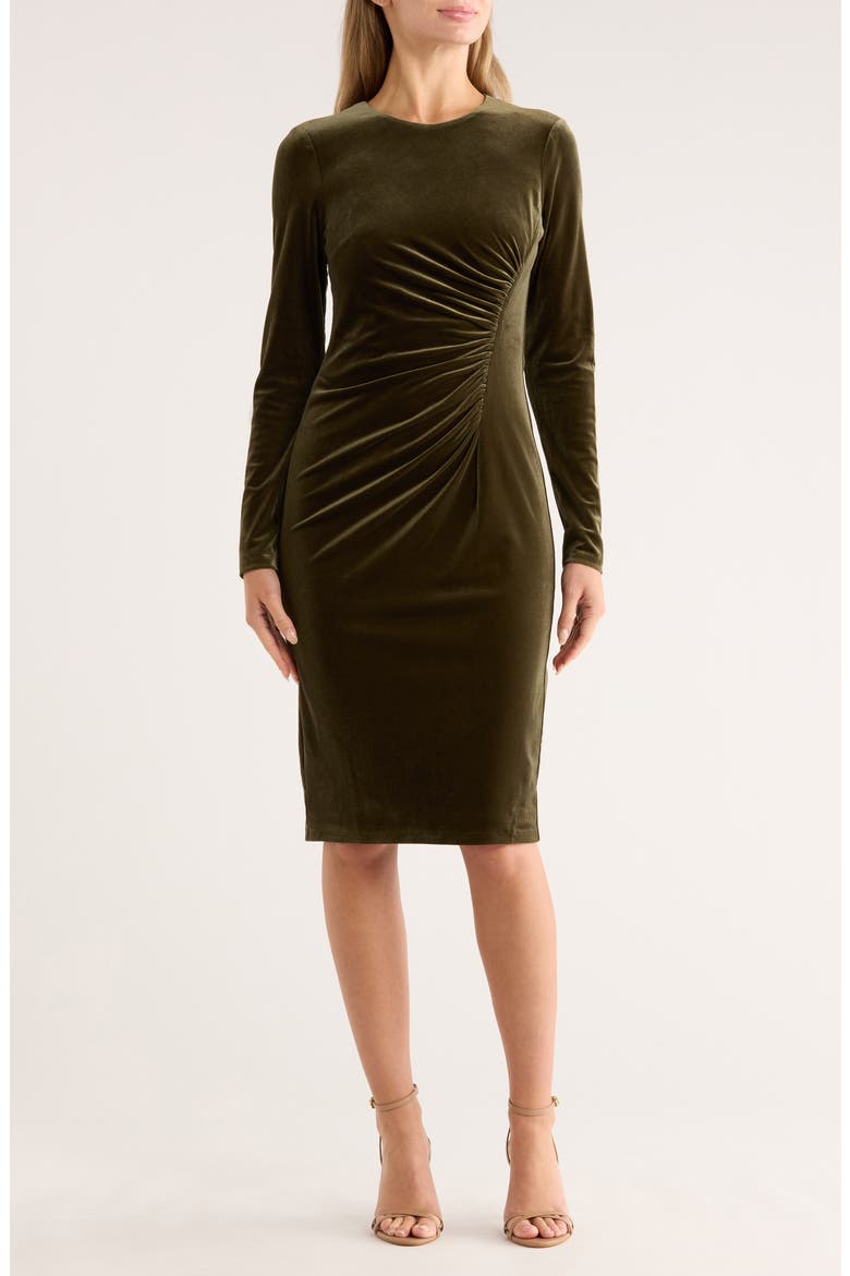 Long Sleeve Ruched Velvet Midi Dress, Main, color, OLIVE