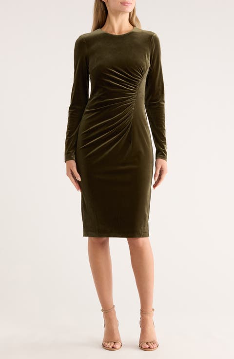 Long Sleeve Ruched Velvet Midi Dress