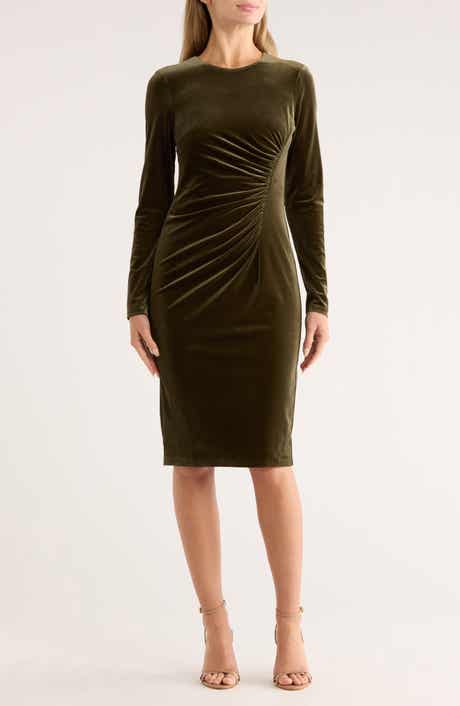 Eliza J Long Sleeve Ruched Velvet Midi Dress