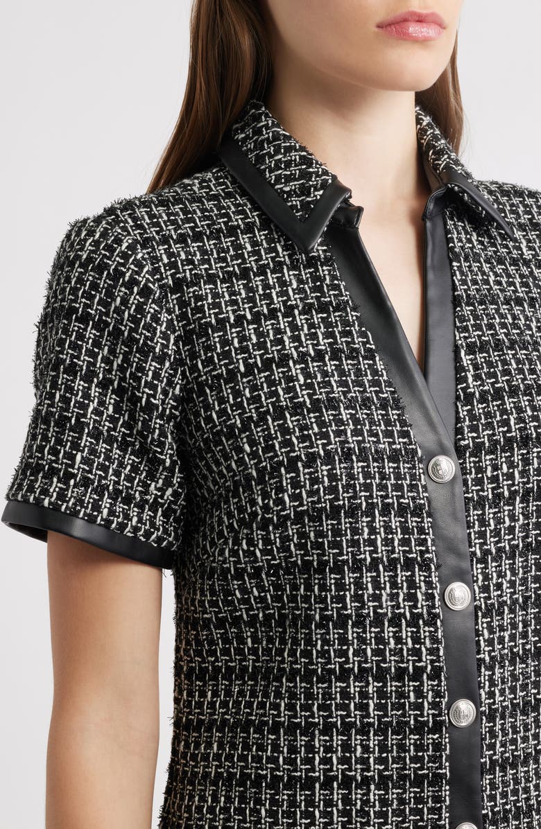 Eliza J Button Front Tweed Shirtdress, Alternate, color, Black