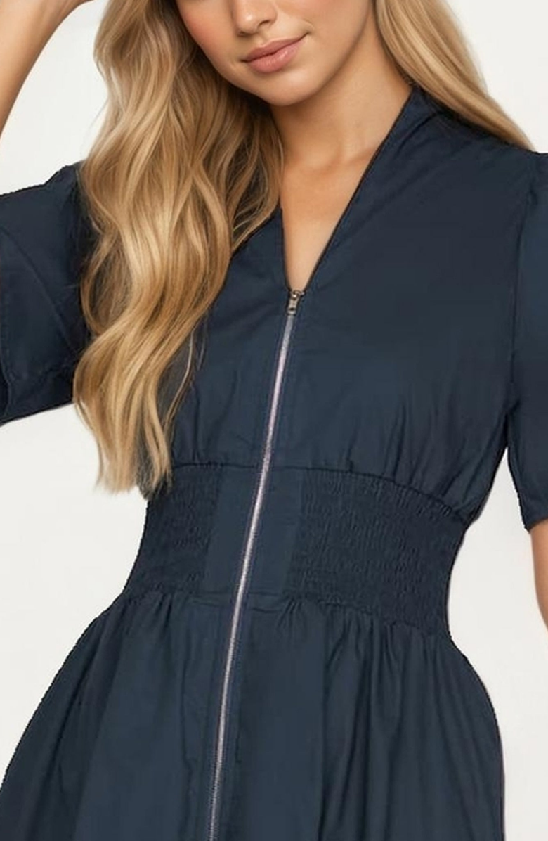 Knit and Lounge Zip-Front Smocked Waist Short Sleeve Midi Dress, Alternate, color, Navy