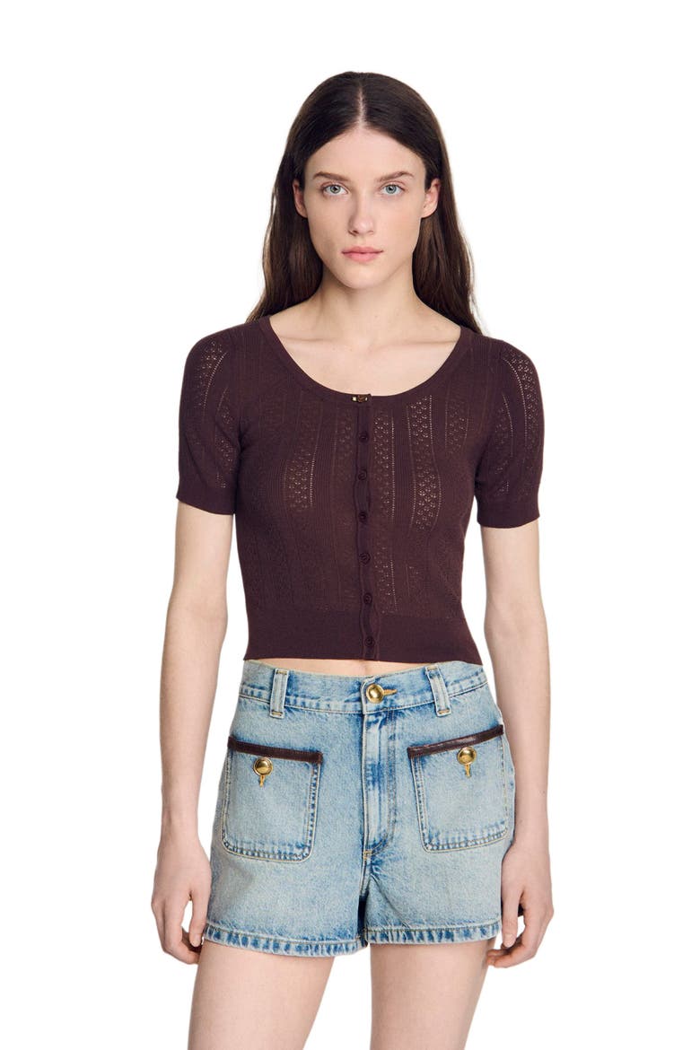 Pointelle knit cardigan, Main, color, Brown
