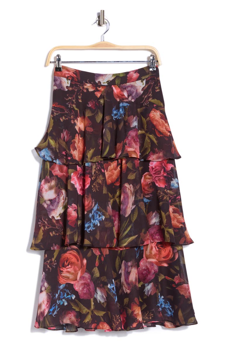 Tiered Print Skirt, Alternate, color, BLACK ROSE PRINT