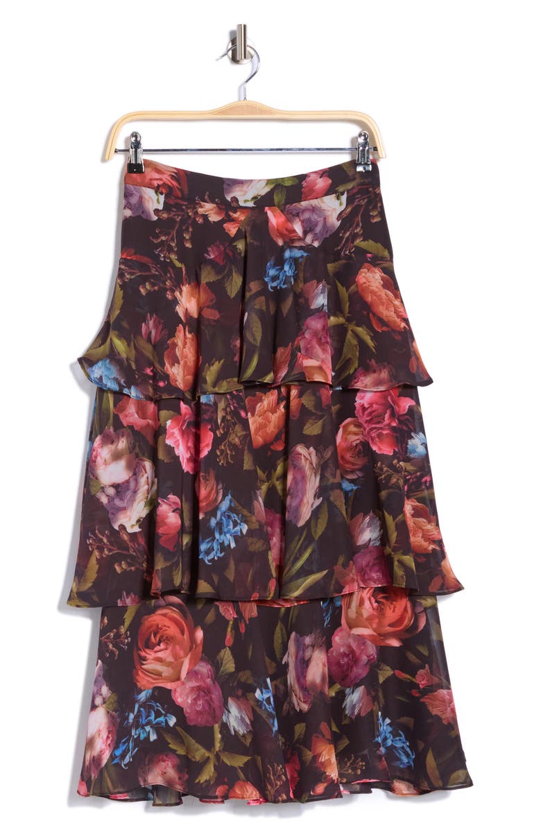 T Tahari Tiered Print Skirt, Main, color, Black Rose Print