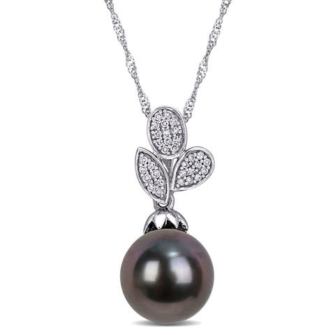 Tahitian Pearl & Diamond Leaf Drop Necklace 10k