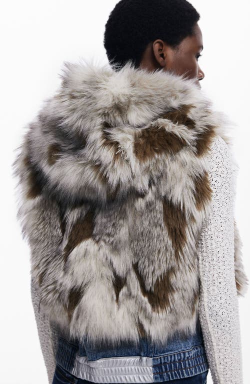 Desigual Faux Fur Denim Hooded Vest In Nude