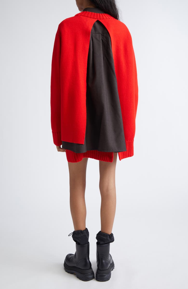 Sacai Mixed Media Long Sleeve Wool Suiting & Knit Sweater Dress, Alternate, color, Red/ Brown