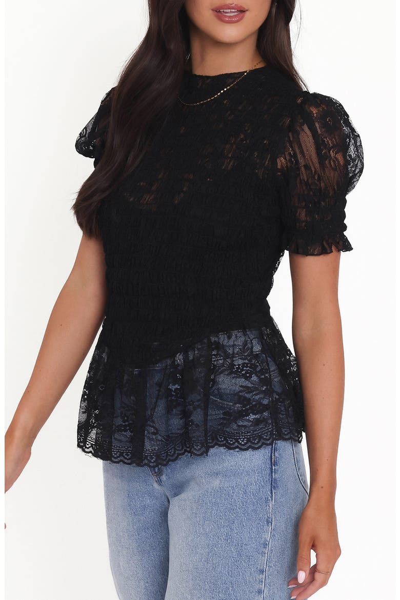 Adeline Smocked Peplum Lace Top, Alternate, color, BLACK