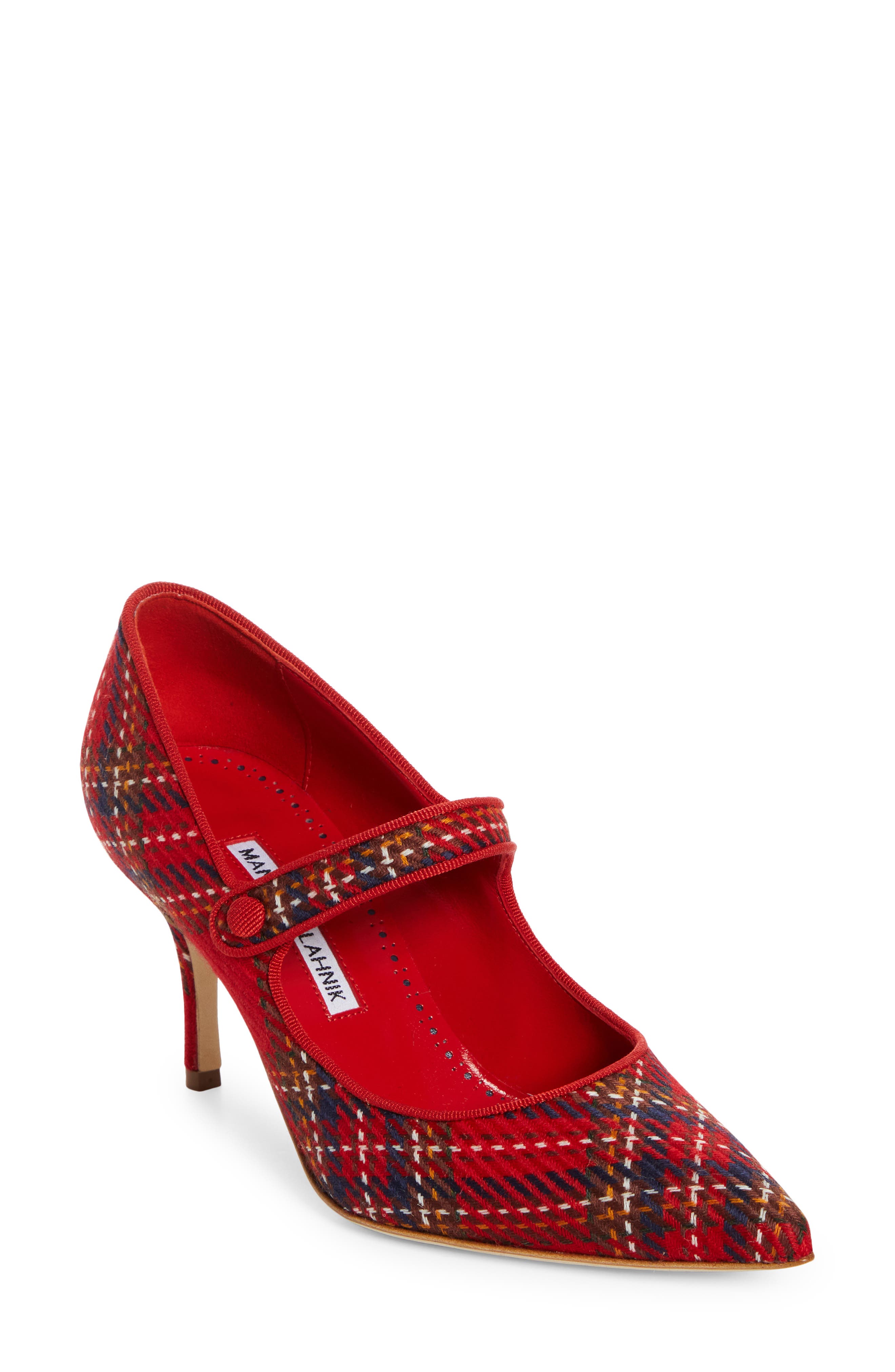 Manolo Blahnik Campari Plaid Wool Pointed Toe Mary Jane Pump, Main, color, 