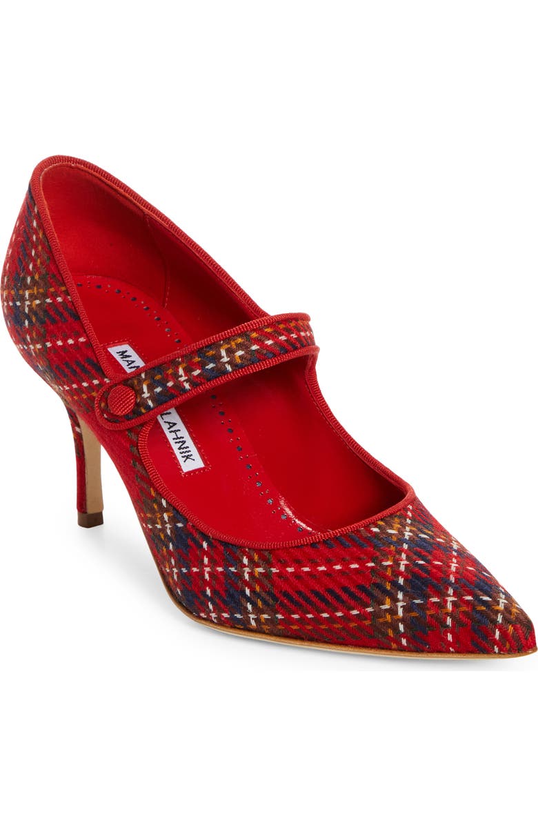 Manolo Blahnik Campari Plaid Wool Pointed Toe Mary Jane Pump, Main, color,
