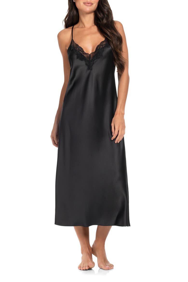 Lace Trim Stretch Satin Nightgown, Main, color, BLACK
