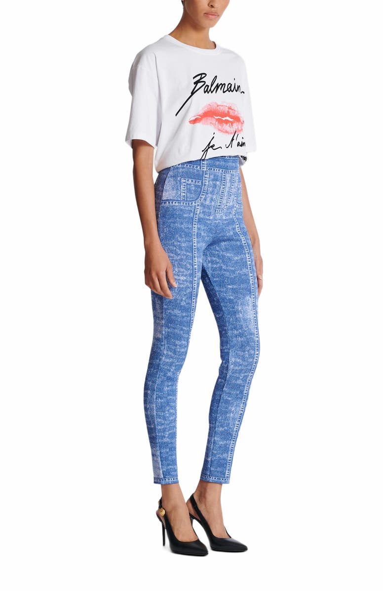 Balmain Jacquard Knit Leggings With Denim Effect, Alternate, color, Blue