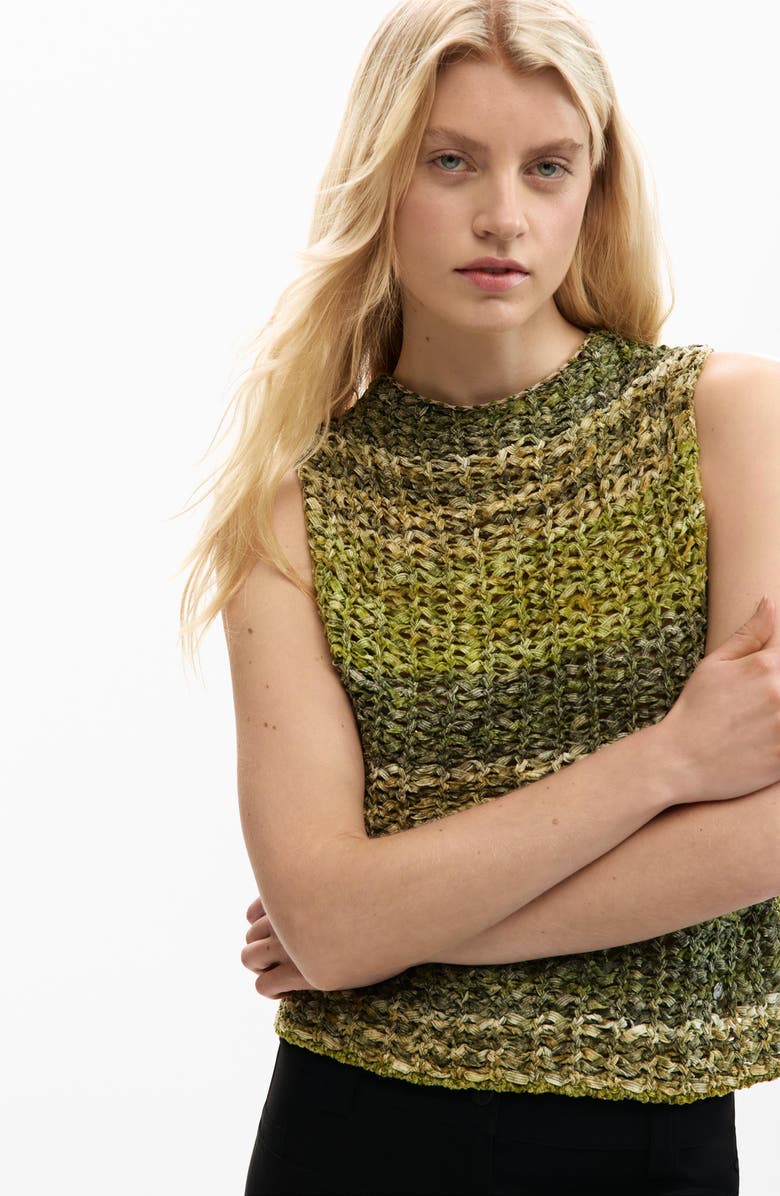 Desigual Stripe Sleeveless Cotton Blend Crochet Sweater, Alternate, color, Green