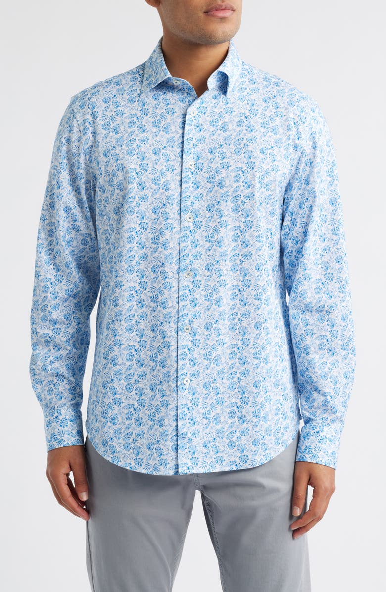 Bugatchi James OoohCotton<sup>®</sup> Leaf Print Button-Up Shirt, Main, color, Classic Blue