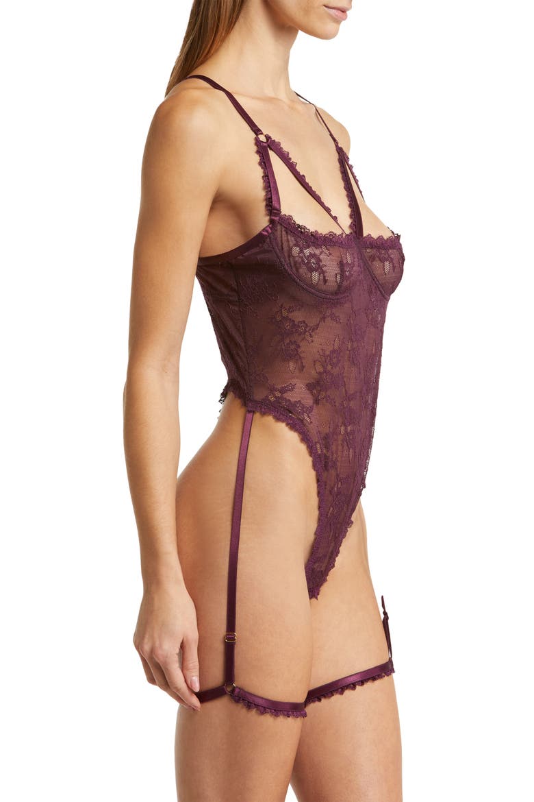 Elayne Lace Open Cup Underwire Teddy with Garter Straps, Alternate, color, POTENT PURPLE