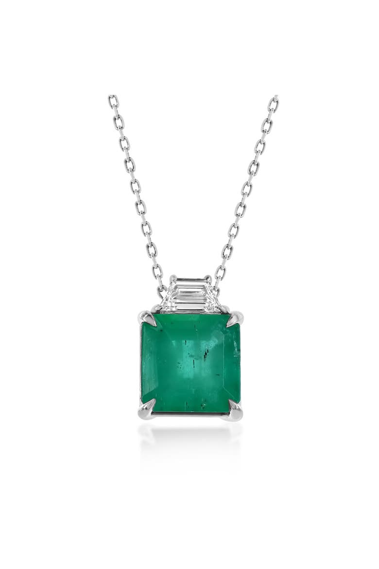 14K Gold 1.94cttw Princess-Cut Emerald & 0.12ct Trapezoid-Cut White Diamond Pendant Necklace, Main, color, Green