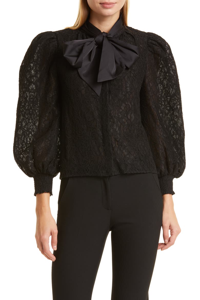 Brentley Tie Neck Lace Blouse, Main, color, BLACK