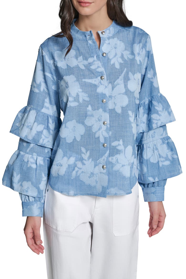 Floral Ruffle Denim Top, Main, color, MEDIUM WASH