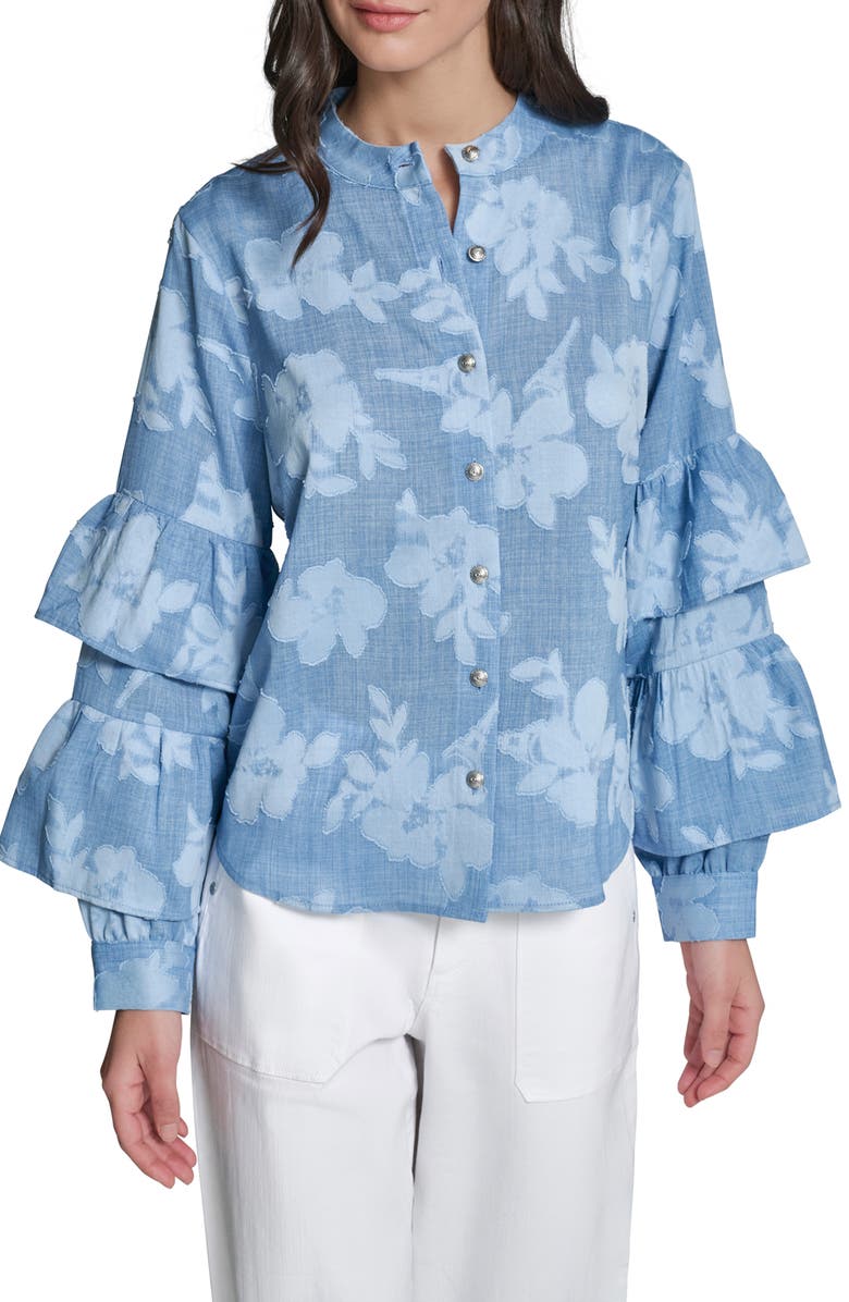 KARL LAGERFELD PARIS Floral Ruffle Denim Top, Main, color, Medium Wash