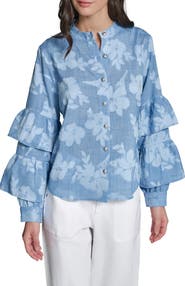 KARL LAGERFELD PARIS Floral Ruffle Denim Top