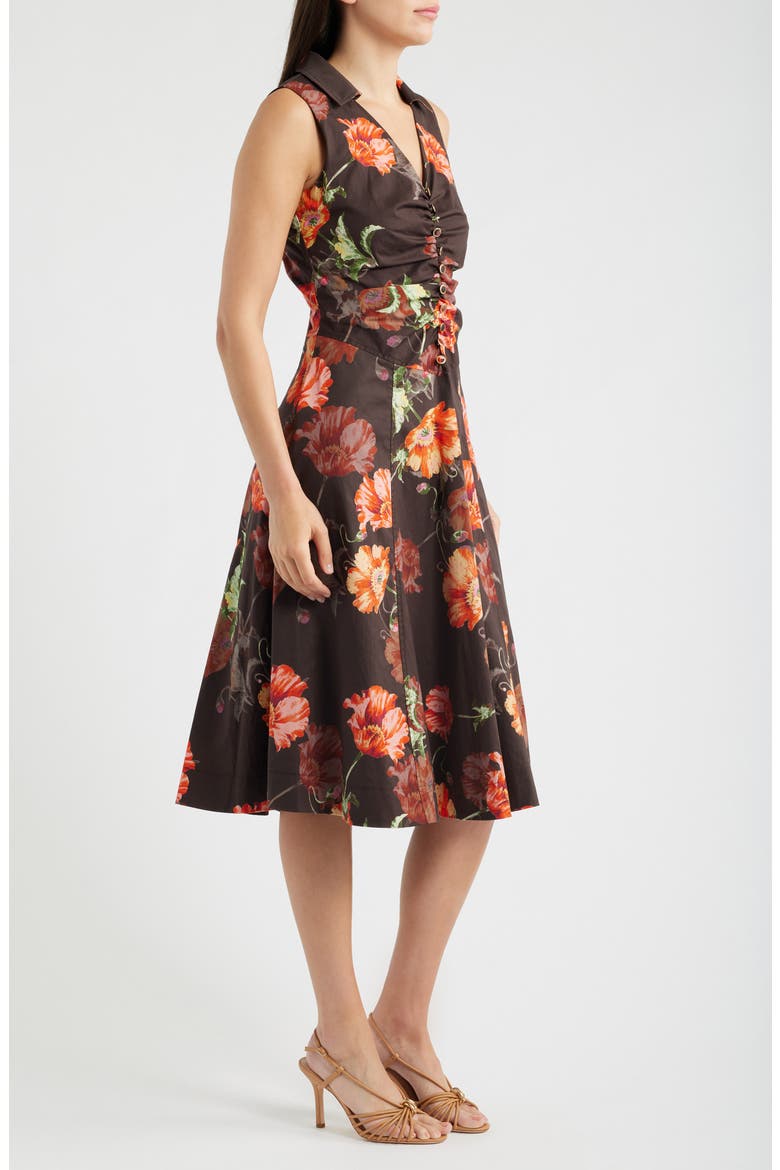 Shirred Bodice Sleeveless Stretch Cotton Midi Dress, Alternate, color, ESPRESSO FLORAL