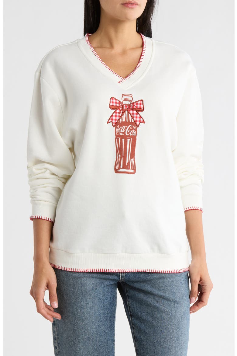Coca Cola Plaid Bow Christmas Sweatshirt, Main, color, MARSHMALLOW