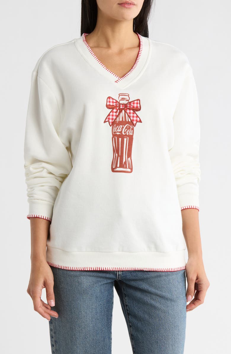 Hi Res Coca Cola Plaid Bow Christmas Sweatshirt, Main, color, Marshmallow