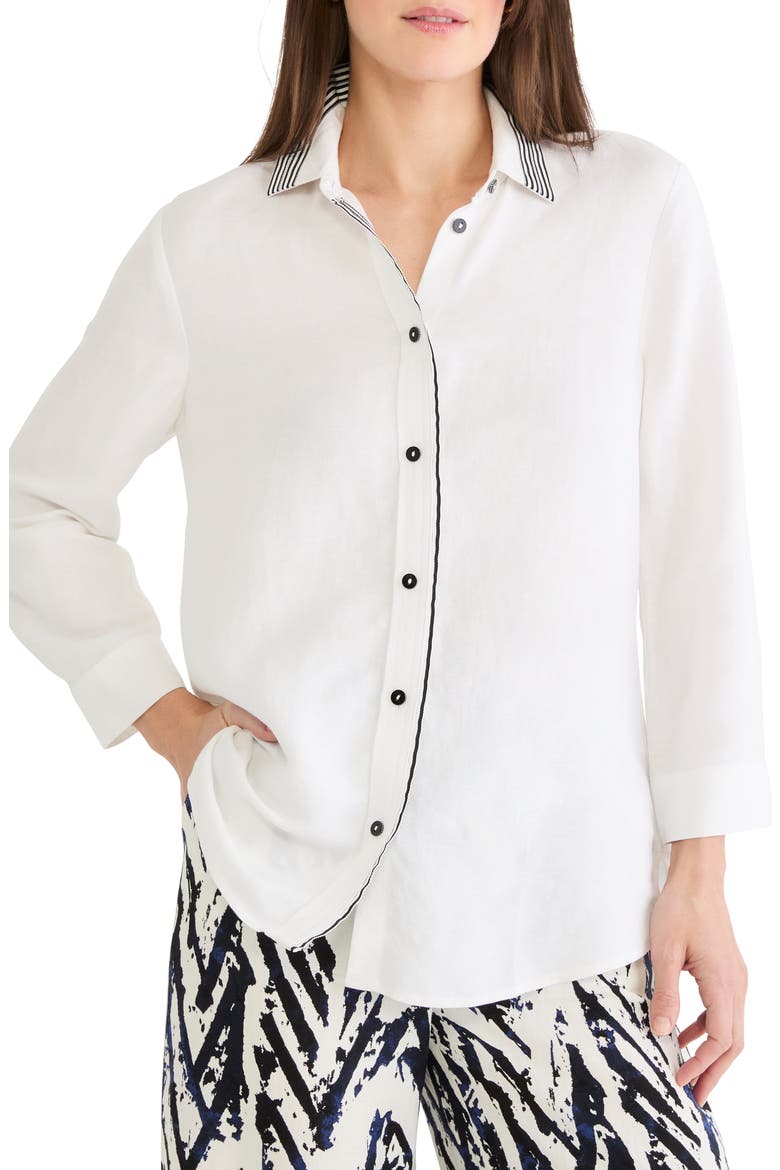 Stripe Trim Linen Blend Button-Up Shirt, Main, color, PAPER WHITE