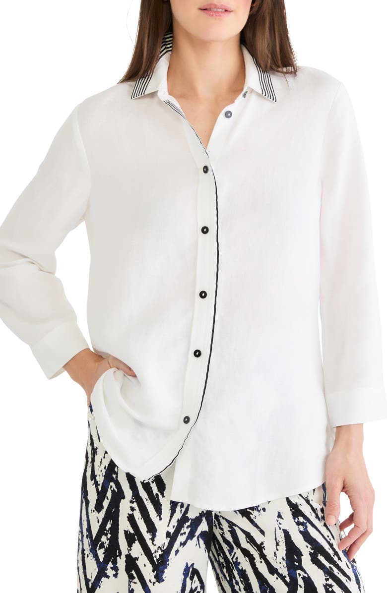 NIC+ZOE Stripe Trim Linen Blend Button-Up Shirt, Main, color, Paper White