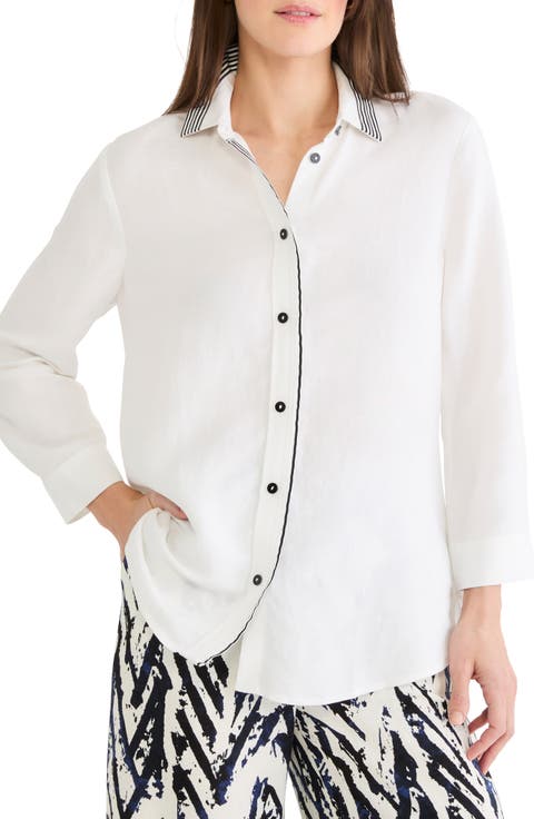 Stripe Trim Linen Blend Button-Up Shirt