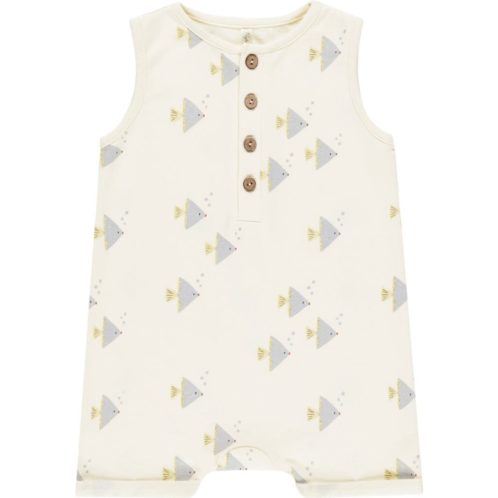Rylee + Cru Angel Fish Print Henley Romper In Ivory