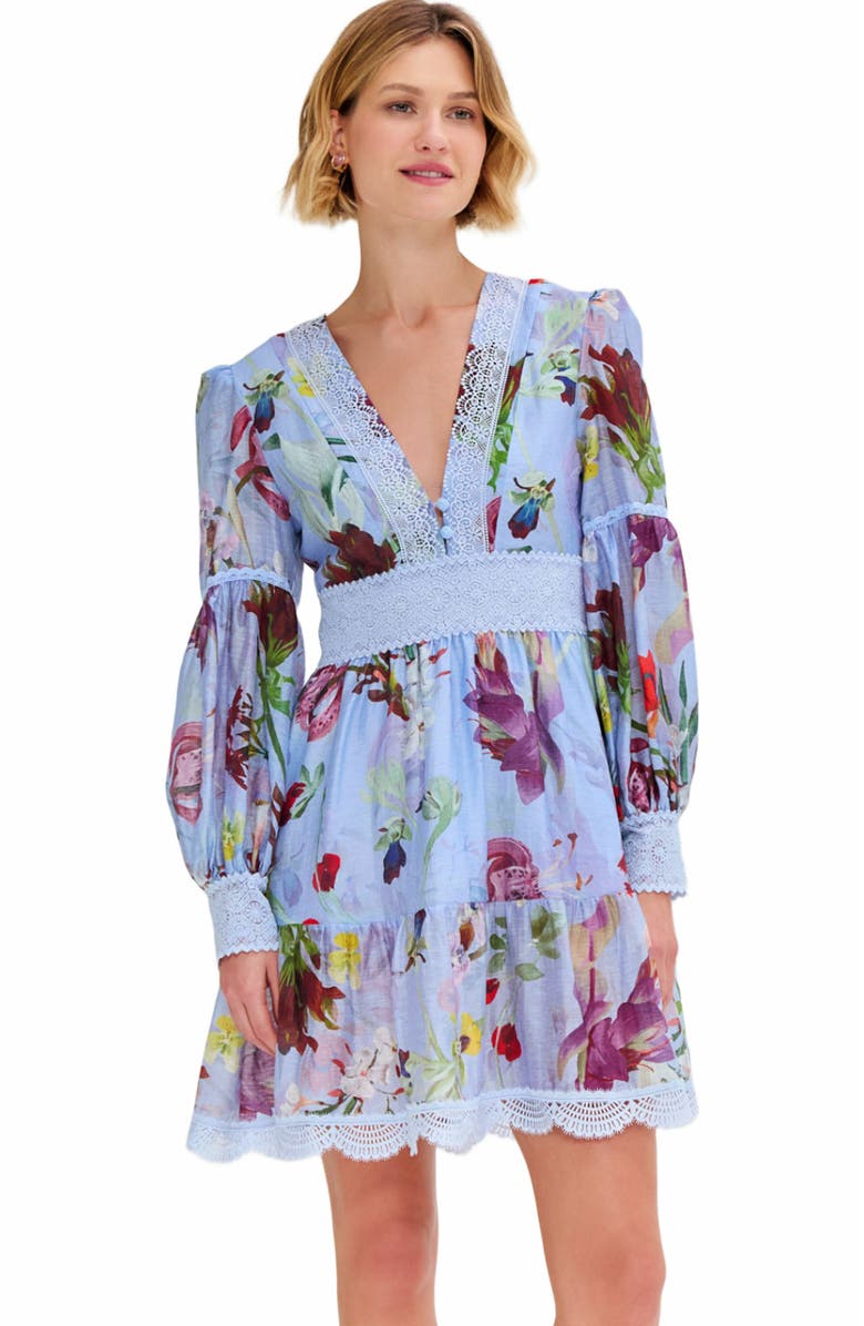 PatBO Lily Flower Long Sleeve Plunge Mini Dress, Alternate, color, 