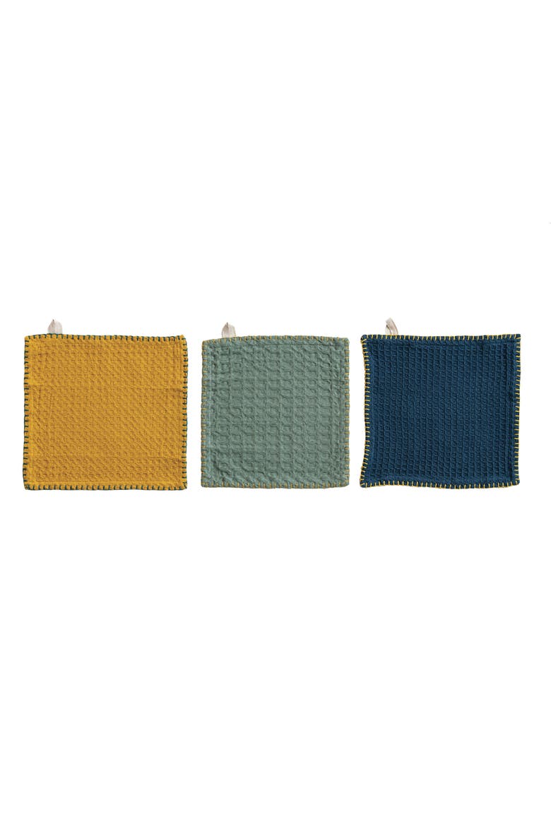 Cotton Dishcloth on a Mango Wood Board, Multicolor, Set of 3, Alternate, color, Brown