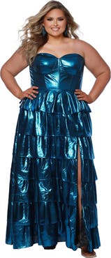 Sydney's Closet Strapless Sweetheart Neckline Tiered Plus Size Gown