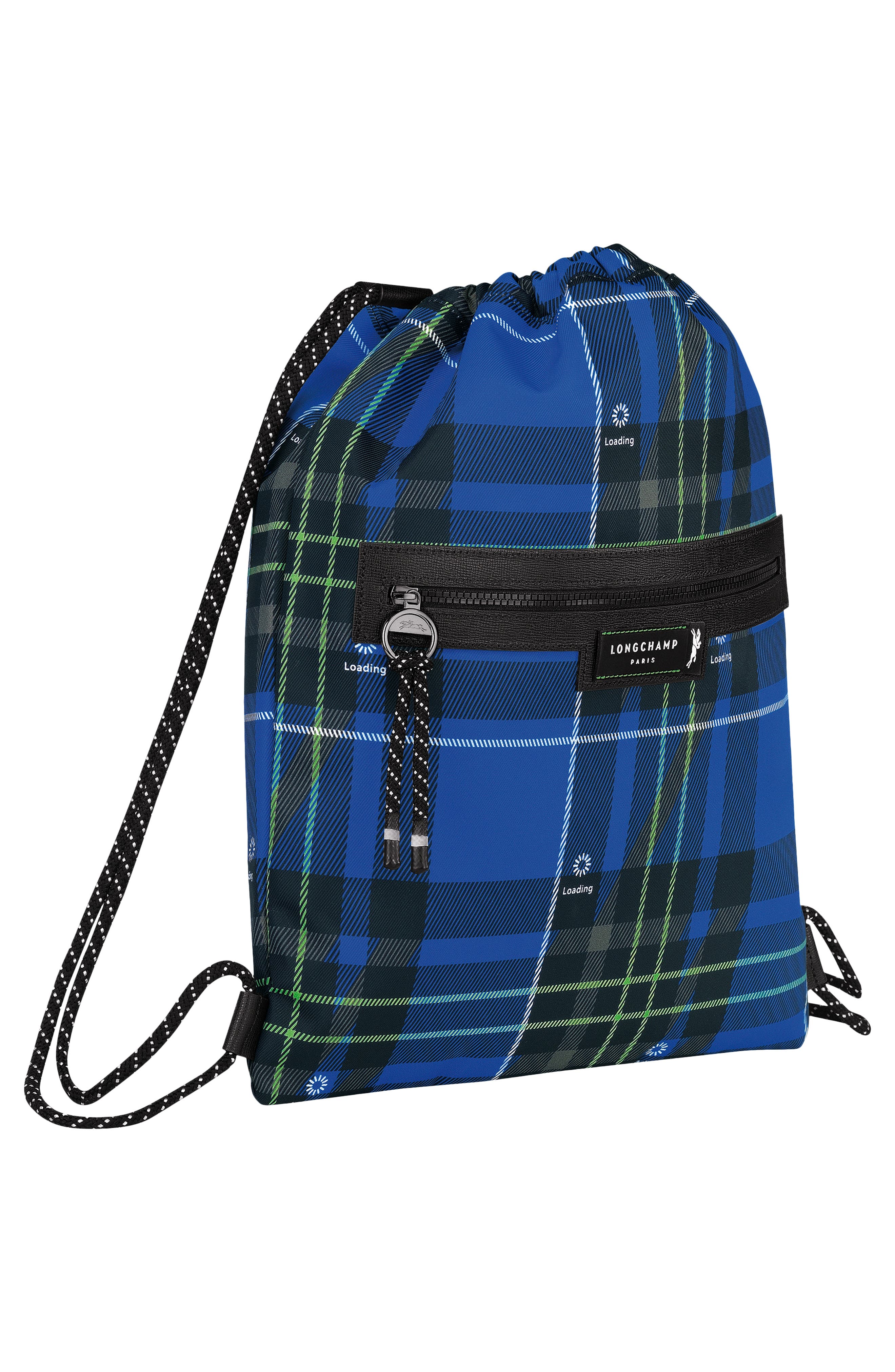 Longchamp Green District Tartan Drawstring Backpack, Alternate, color, Blue