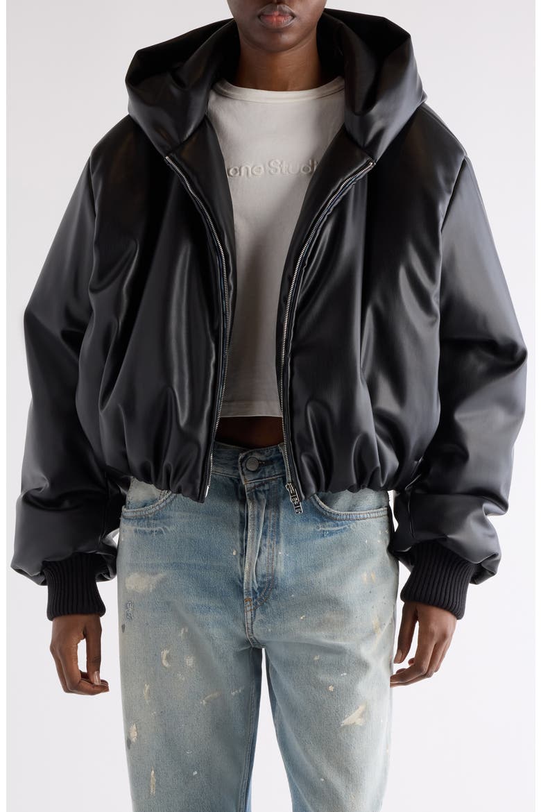 Offy Faux Leather Hooded Bomber Jacket, Main, color, BLACK