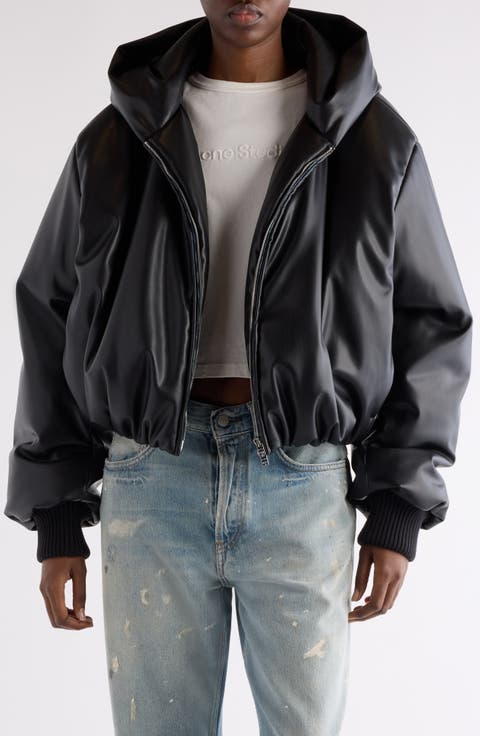 Offy Faux Leather Hooded Bomber Jacket